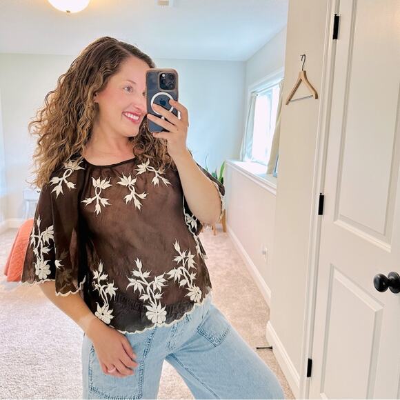 Vintage Handmade Brown White Floral Embroidered Blouse Top Large - Picture 1 of 15
